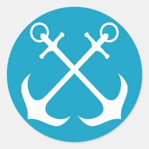 Sticker Rond Ancre de navire nautique bleu et blanc voilier bat