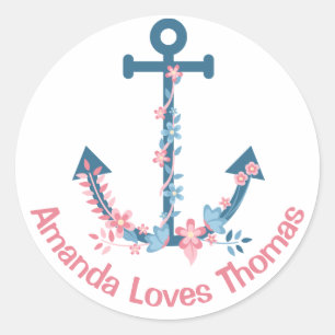 Sticker Rond Ancre de navire nautique personnalisée rose bleu