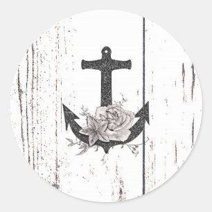 Sticker Rond Ancre de plage en bois rustique Vintage Floral