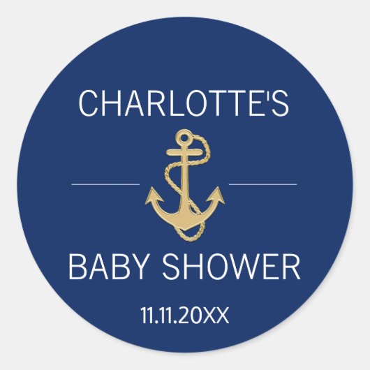 Sticker Rond Ancre d'or bleu marine BABY SHOWER blanc (Devant)