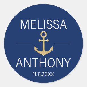 Sticker Rond Ancre d'or bleu marine Mariage blanc