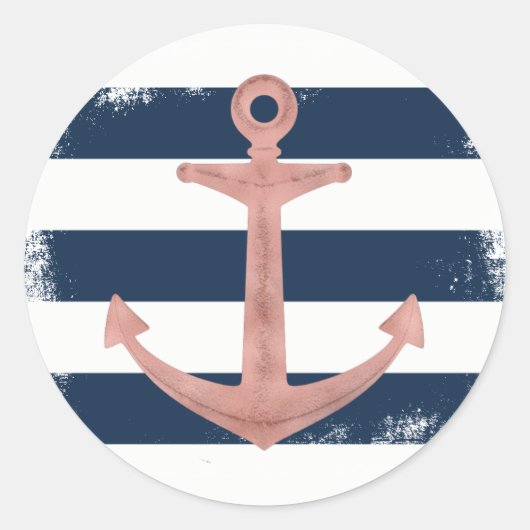 Sticker Rond Ancre d'or rose Bandes marines nautiques (Devant)