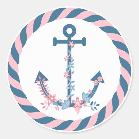 Sticker Rond Ancre florale marine rose & Navy Fleurs & corde (Devant)