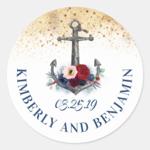 Sticker Rond Ancre marine Blue et Marsala Mariage nautique