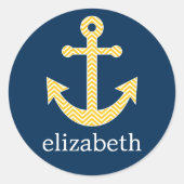 Sticker Rond Ancre nautique avec Motif de Navy Jaune Chevron (Devant)