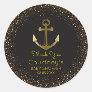 Sticker Rond Ancre nautique Black Gold Baby shower Favoriser