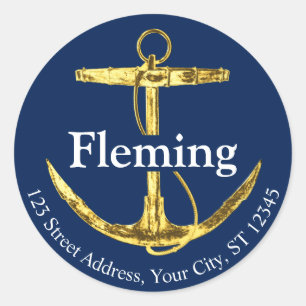 Sticker Rond Ancre nautique bleu marine et or Mariage