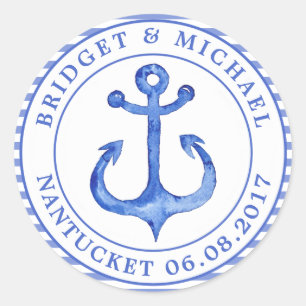 Sticker Rond Ancre nautique - Bleu marine rayé Personnalisé