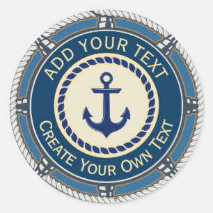 Sticker Rond Ancre Naútíque Bleue et Bordure de Corde Crème Per