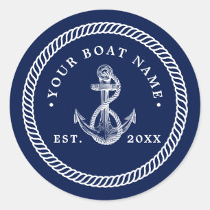 Sticker Rond Ancre nautique et corde Nom du bateau Marine Bleu 