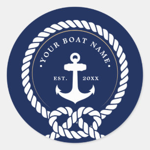 Sticker Rond Ancre nautique et corde Nom du bateau Marine Bleu 