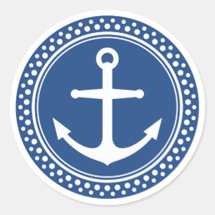 Sticker Rond Ancre nautique, fond bleu avec bordure à pois