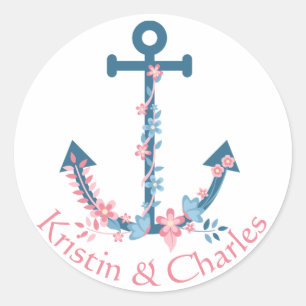 Sticker Rond Ancre nautique personnalisée Fleurs roses bleues