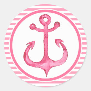 Sticker Rond Ancre nautique - rose chaud rayé
