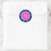 Sticker Rond Ancres Bleu Marine Motif, Monogramme Rose Chaud (Sac)