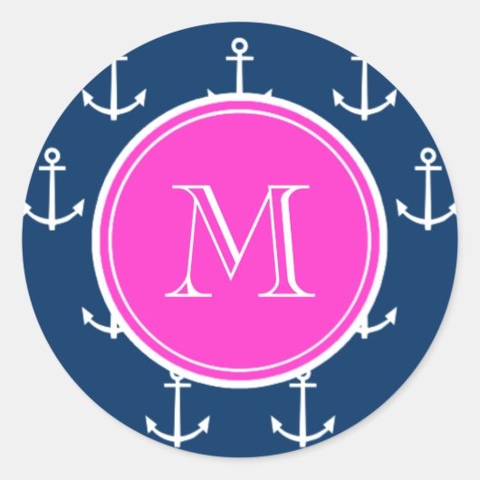 Sticker Rond Ancres Bleu Marine Motif, Monogramme Rose Chaud (Devant)