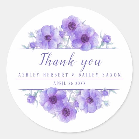 Sticker Rond Anémone violet aquarelle mariage favoritisme autoc (Devant)
