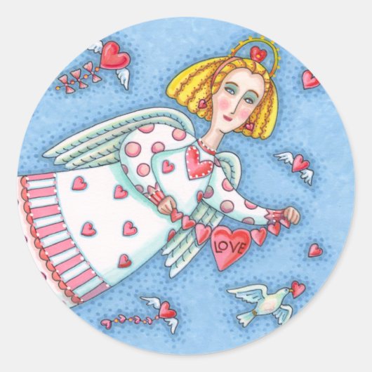STICKER ROND ANGE D'ART FOLK, CHAT ET COEURS DE VOL (Devant)