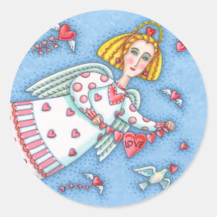 STICKER ROND ANGE D'ART FOLK, CHAT ET COEURS DE VOL