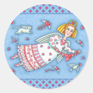 STICKER ROND ANGE D'ART FOLK, CHAT ET COEURS DE VOL VALENTINE