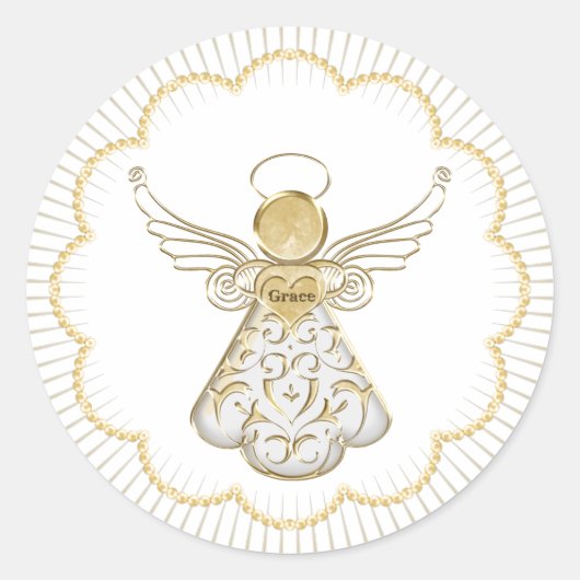 Sticker Rond Ange de Noël de la grâce Perles d'or patinées (Devant)
