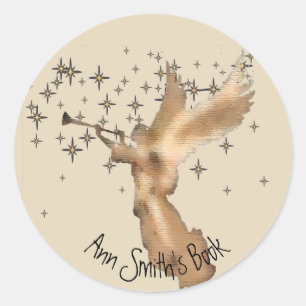 Sticker Rond Ange d'or avec trompette & étoiles