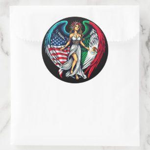 Sticker Rond Ange drapeau américain et mexicain woMan Art patri