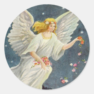 Sticker Rond Ange victorien de Noël vintage avec étoiles roses