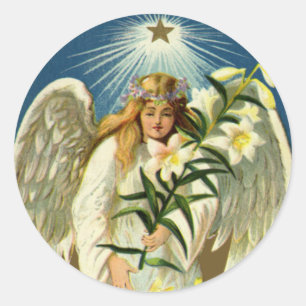 Sticker Rond Ange vintage de Pâques, agneau, fleur de lis,