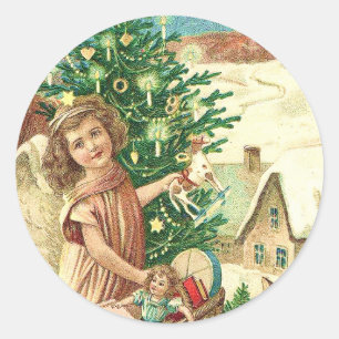 Sticker Rond Angel bringing Christmas poiss and presents