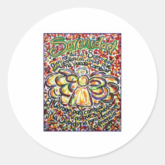 Sticker Rond Angel de prière de sérénité (texte espagnol) (Devant)