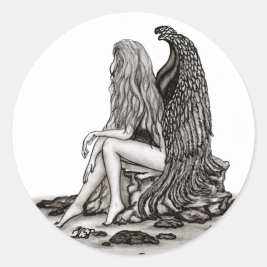 Sticker Rond Angel, perdu dans la pensée, noir et blanc Design (Devant)