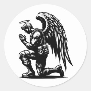 Sticker Rond Angel Soldier Homme Prier à l'encre illustration a