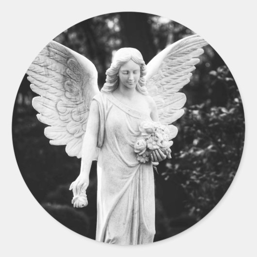 Sticker Rond Angel tenant des fleurs noir et blanc photo (Devant)