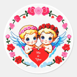 Sticker Rond Anges Cupidons Adorables Tenant un Cœur