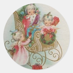 Sticker Rond Anges De Noël Vintage En Sleigh