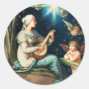 Sticker Rond Anges, Etoiles, Femmes, Noël Lune Religieux
