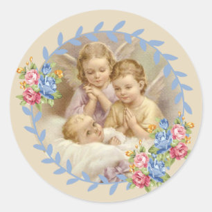 Sticker Rond Anges gardien avec la guirlande de roses de bébé