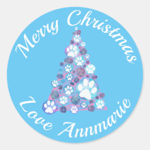 Sticker Rond Animal blanc rose et bleu XMas Arbre bleu clair