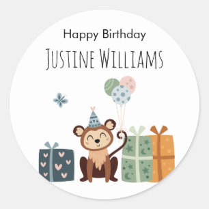 Sticker Rond Animal de fête, Singe avec des cadeaux et des ball