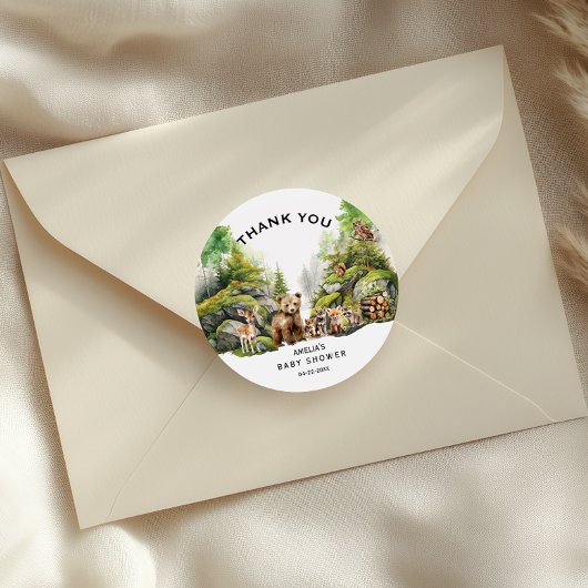 Sticker Rond Animaux boisés rustiques Baby shower Merci