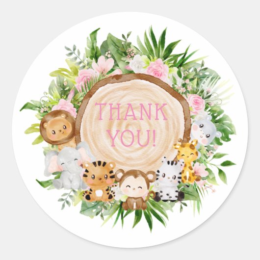 Sticker Rond Animaux de bois rose Baby shower Merci (Devant)