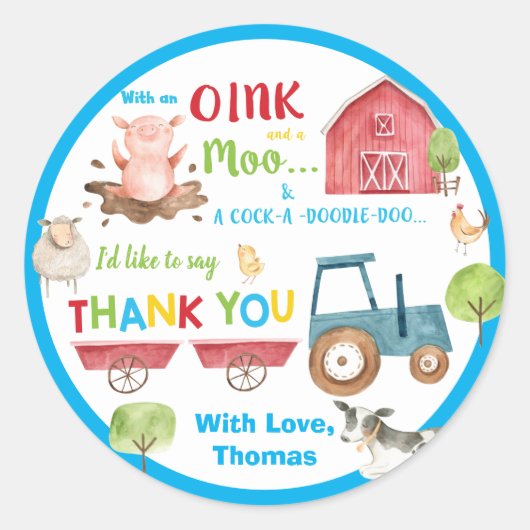 Sticker Rond Animaux de ferme Barnyard 1er anniversaire Merci F (Devant)