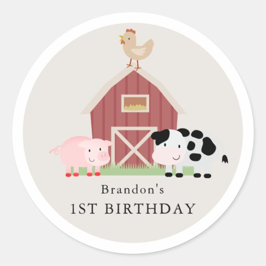 Sticker Rond Animaux de ferme Barnyard Beige Anniversaire (Devant)