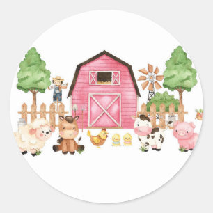Sticker Rond Animaux de ferme roses fête d'anniversaire