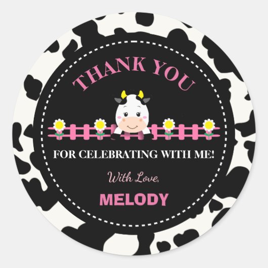 Sticker Rond Animaux de ferme Vache rose Barnyard 1er anniversa (Devant)