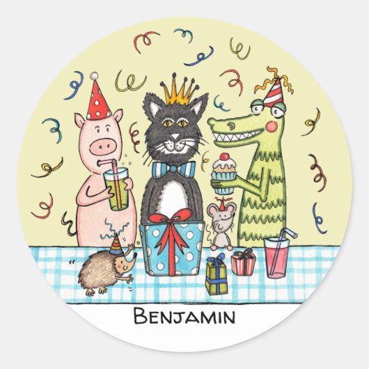 Sticker Rond Animaux de fête de la mignonne personnalisés (Devant)
