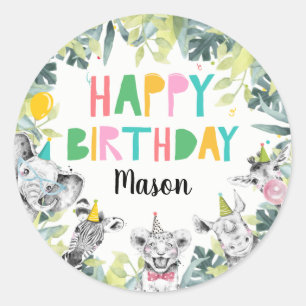 Sticker Rond Animaux de fête Garçon Safari Animaux Anniversaire
