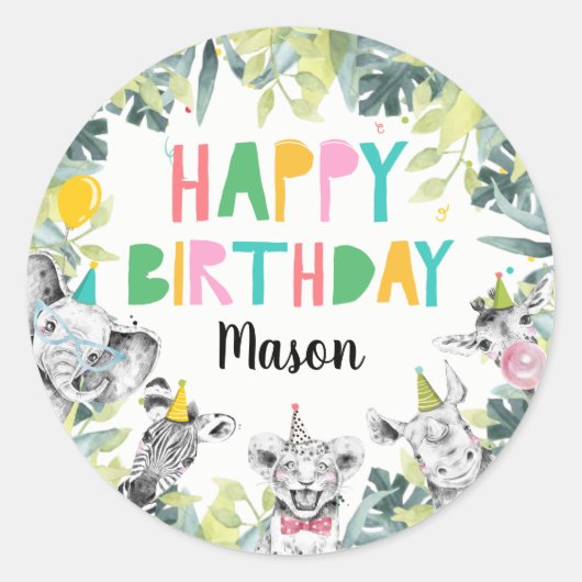 Sticker Rond Animaux de fête Garçon Safari Animaux Anniversaire (Devant)