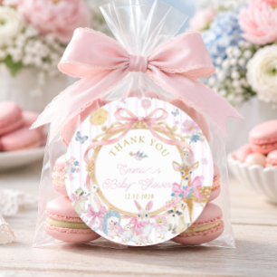 Sticker Rond Animaux de la forêt rose fille Baby Shower Remerci